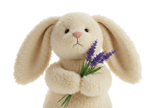 Isolated plush bunny holding flowers, toy animal with long ears, easter symbol, adorable - Powered by Adobe