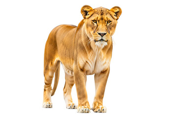 Obraz premium Lioness standing isolated on transparent background, looking directly at the camera