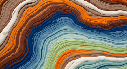 An abstract background of thick layered paint or clay in earthy tones of orange brown blue and green creating a topographic effect