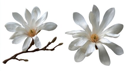 Two white star magnolia flowers with buds on a branch.