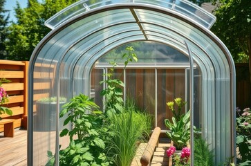 A simple backyard greenhouse with curved transparent roof, showing basil, chives, and cucumbers growing inside, placed near a wooden terrace and flowers. Generative AI