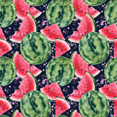 Watermelon with slices and seeds, juicy and ripe on a dark background. Seamless pattern of fruits, summer and refreshing. Hand-painted watercolor illustration. Clipart for printing on fabric.