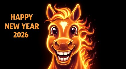 Smiling fire horse representing concepts of New Year celebrations and good wishes for 2026