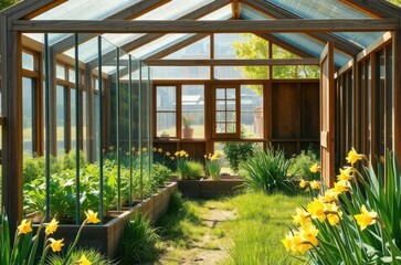 A rustic wooden greenhouse in a garden, with transparent walls revealing green herbs and vegetable seedlings, surrounded by bright daffodils and grass. Generative AI