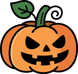 Cartoon Halloween Pumpkin Vector, Jack O’Lantern with Leaf and Curly Stem, Spooky Face, Flat Design