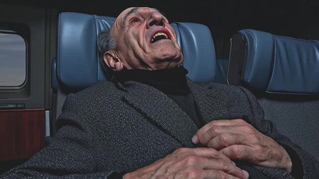 Elderly man clutching chest airplane seat passenger portrait expressing discomfort portrait of tense elderly man airplane seat conveying fatigue