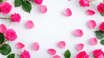 Pink roses and scattered petals frame a white background.