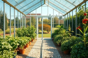 A polygonal glass greenhouse in a landscaped garden, revealing herbs, lettuce, and tomato plants inside, decorated with gravel paths and bushes outside. Generative AI