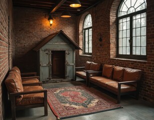 Industrial-style dog house with exposed brick, metal frames, leather cushions, and factory lighting Generative AI