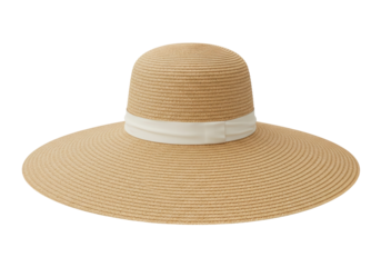 Isolated elegant sun hat, light brown straw with white ribbon, summer fashion accessory
