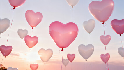 Numerous pink and white heart-shaped balloons drift up into the sky against a soft pastel sunset...