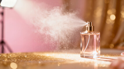 A luxury glass perfume bottle is spraying mist onto a shimmering golden glitter table, set against a blurred pink and gold background with bright studio light.