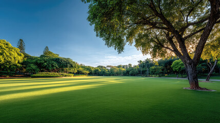Fototapeta premium Beautiful green grass in park with sunlight streaming through large trees, peaceful atmosphere, clear blue sky, summer morning