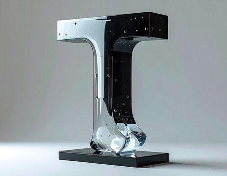 A striking  shot showcases a modern, minimalist sculpture shaped like the letter "T", featuring a mirrored black and transparent design.