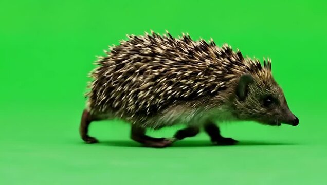 Hedgehog walking on a green screen with side profile view and no copyright issues