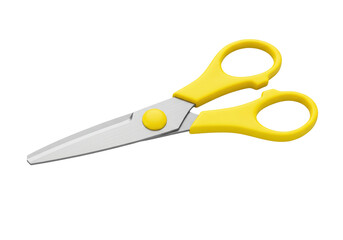 Isolated yellow handled scissors are lying on a surface in a studio, ready for work, craft or art