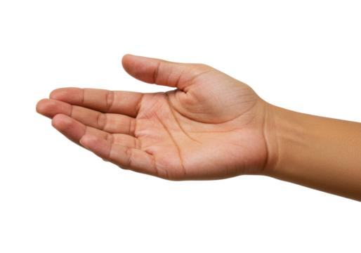 Isolated human hand outstretched, palm up, asking for help or offering something unseen