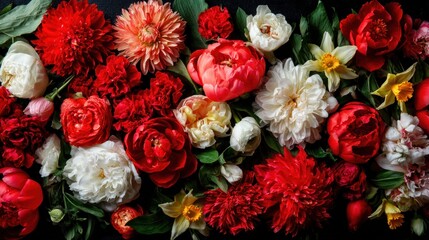 Red and white floral arrangement with green leaves on a dark background.