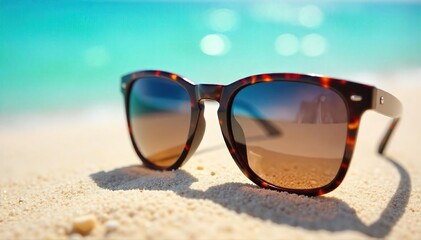 Sunglasses Resting on Sandy Beach, Summer Vacation Relaxation, Bright Sunlight Reflection