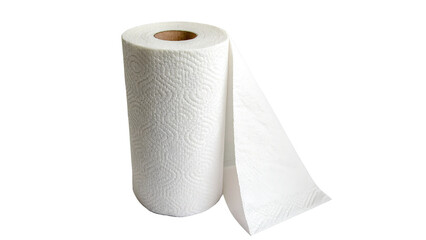 Roll of white paper towels, showing a portion unrolled for easy access during cleaning tasks on a transparent background