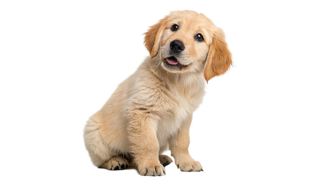 Cute golden retriever puppy sitting and looking curiously with a playful expression against on a transparent background