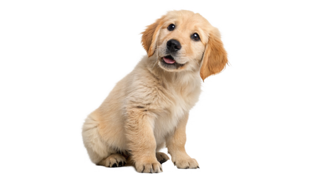 Cute golden retriever puppy sitting and looking curiously with a playful expression against on a transparent background