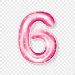 Editable 3D Pink Heart Balloon Number 6 Isolated on Transparent Background with Cute Design for Birthday or Party