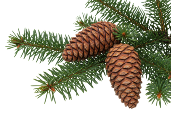 Isolated fir branch with two brown pine cones, Christmas decoration for holiday season
