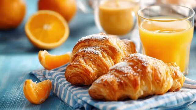 Two croissants on a blue striped napkin with orange juice and orange halves in the background.