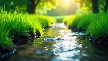 Serene Sunlight Dapples Crystal-Clear Water Flowing Through a Lush Green Field, Perfect for Environmental and Agricultural Projects