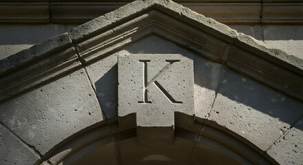 Letter K carving set in stone architecture- close-up of a grey textured block with carved letter detail, angled sunlight creating shadows, potential logo or initial design