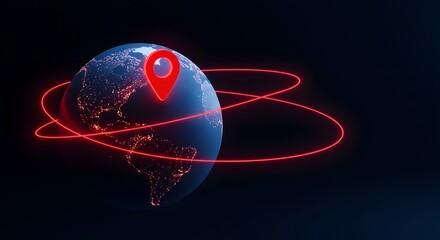 Global Network tracking location pinpointed on Earth globe, showing city lights at night with red glowing orbit lines on dark background, conceptual for worldwide business.