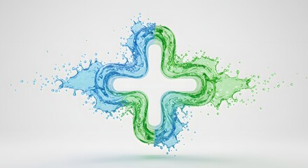 Water Plus Symbol forming on white background, liquid splash effect in blue and green hues, studio shot with even lighting and shallow depth of field- healthcare promotional