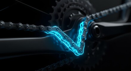 Bicycle chain detail glows blue close-up in dark studio, showing gears and links in shallow depth of field- modern, high-resolution image for product advertising.