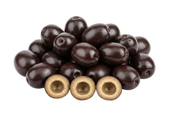 Isolated pile of chocolate covered plums, delicious treat, sweet snack, delectable dessert