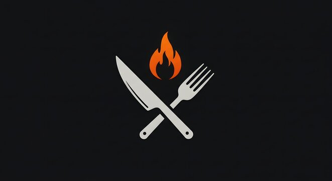 Food Logo: Knife and fork crossing on a black background with an orange flame above, simple flat vector design, ideal for restaurant branding or culinary blog hero image.
