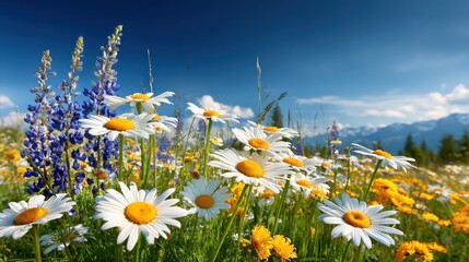Field of daisies and lupines blooms under a clear blue sky.