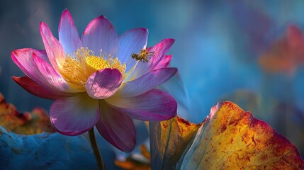 Pink lotus flower with insect on petal against blue background.