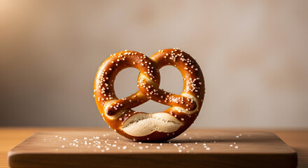A freshly baked German pretzel with coarse salt rests on a rustic wooden cutting board