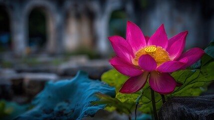 Vibrant pink lotus flower blooms beautifully in a tranquil garden pond.