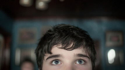 Young boy with thoughtful expression looking upward in soft indoor light, intimate portrait conveying curiosity and warmth