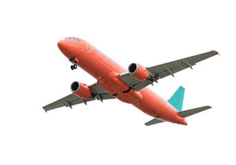 Isolated commercial passenger airplane with landing gear down preparing for airport arrival