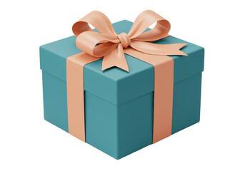 Isolated gift box in teal color with peach-colored ribbon and bow, luxury package design