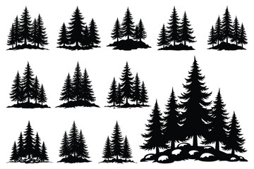 Obraz premium Black silhouette pine trees on white background forest
