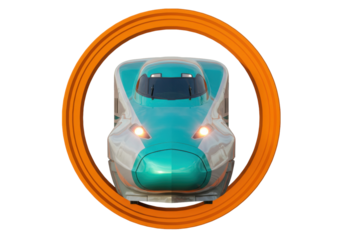 Isolated electric high-speed train, front view in orange circle, modern transportation style