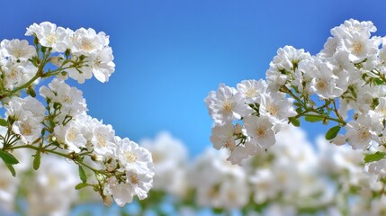 Fototapeta premium Delicate white blossoms on a clear blue sky background create a serene natural scene.