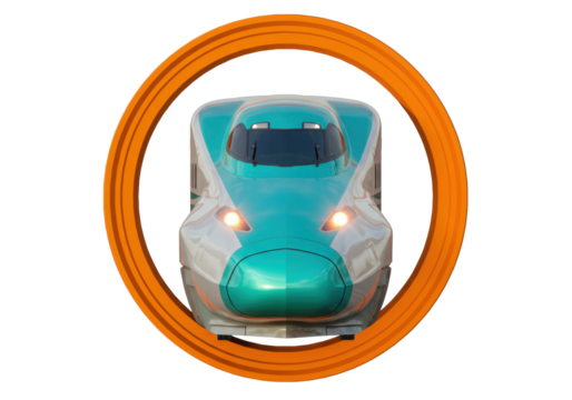 Isolated electric high-speed train, front view in orange circle, modern transportation style