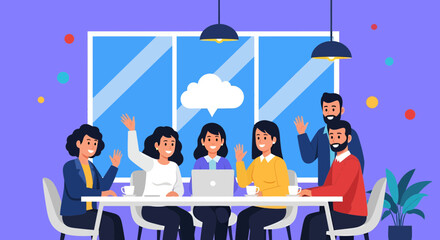 Obraz premium Diverse Business Team Waving Hello During Remote Cloud Meeting Illustration