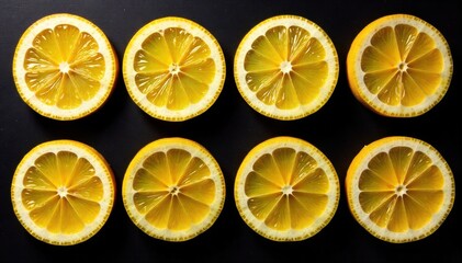 Abstract arrangement of sliced lemons and their shadows, creating a modern graphic pattern. A minimalist, graphic composition featuring precisely cut lemon slices arranged in a repeating geometric