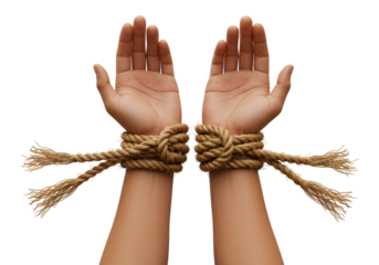 Isolated hands tied with rough rope indicating restriction, bondage, arrest, captivity